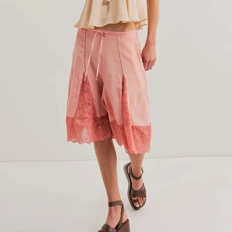 Vintage Streetwear Shorts Harajuku Spring Casual High Waist Lace-up Women's Shorts Fashion Solid Color Patchwork Lace Half Pants