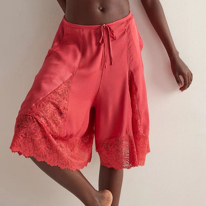 Vintage Streetwear Shorts Harajuku Spring Casual High Waist Lace-up Women's Shorts Fashion Solid Color Patchwork Lace Half Pants