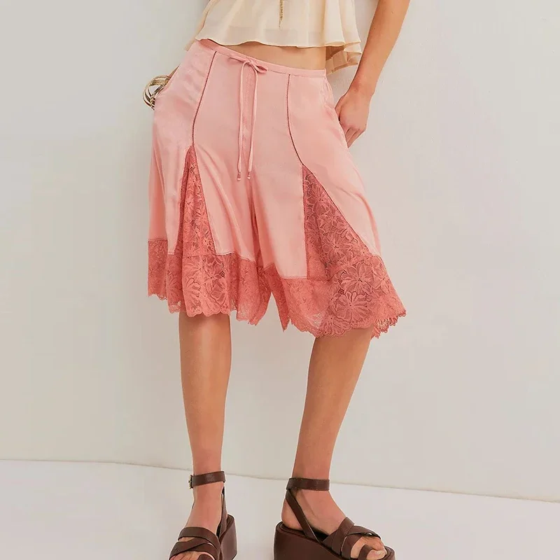 Vintage Streetwear Shorts Harajuku Spring Casual High Waist Lace-up Women's Shorts Fashion Solid Color Patchwork Lace Half Pants