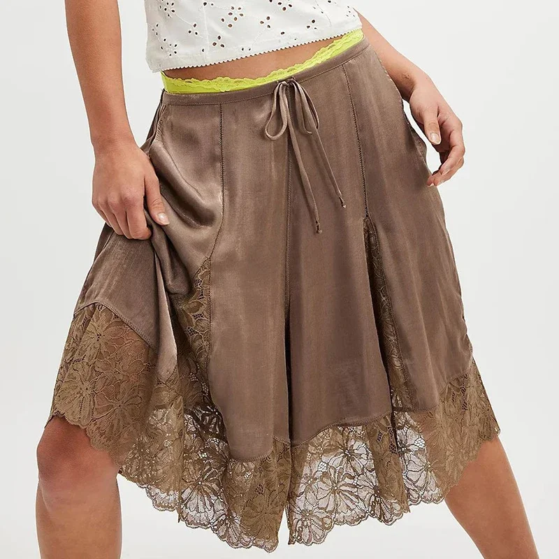 Vintage Streetwear Shorts Harajuku Spring Casual High Waist Lace-up Women's Shorts Fashion Solid Color Patchwork Lace Half Pants
