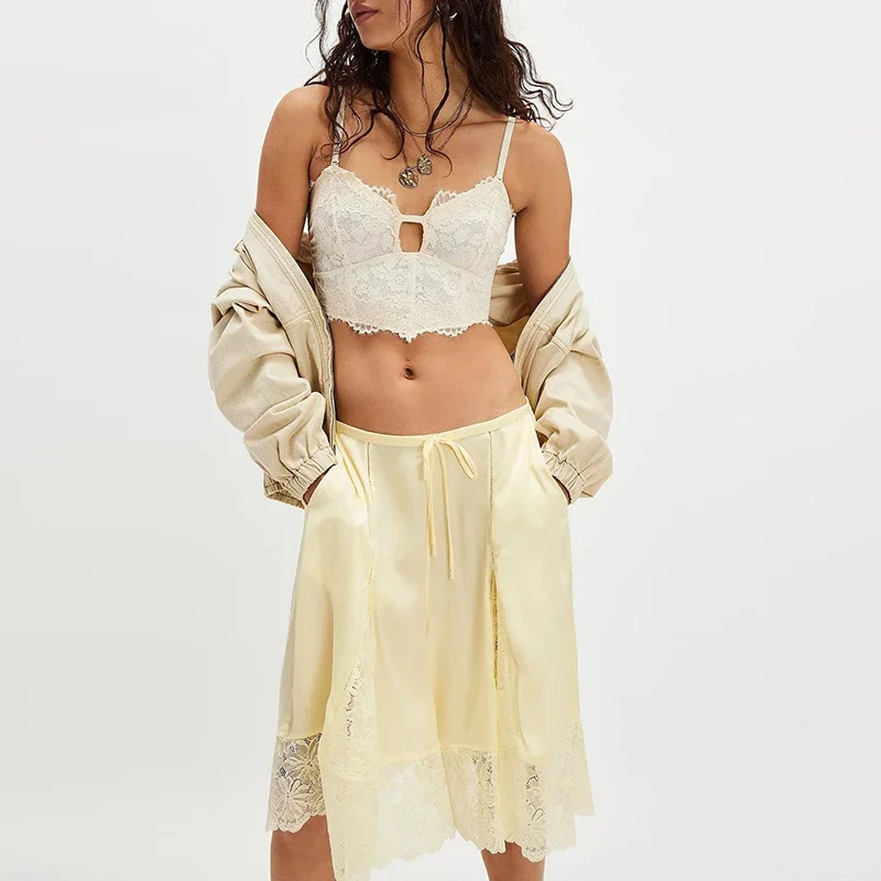 Vintage Streetwear Shorts Harajuku Spring Casual High Waist Lace-up Women's Shorts Fashion Solid Color Patchwork Lace Half Pants