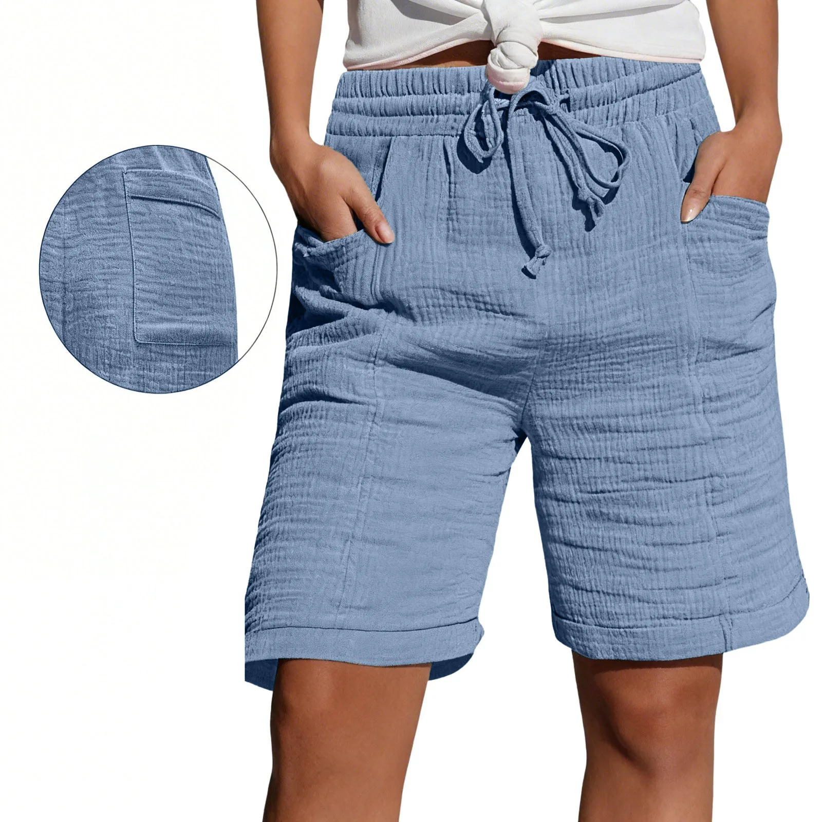 High Waist Drawstring Pocket Cotton Shorts Summer Women Casual Short Pants