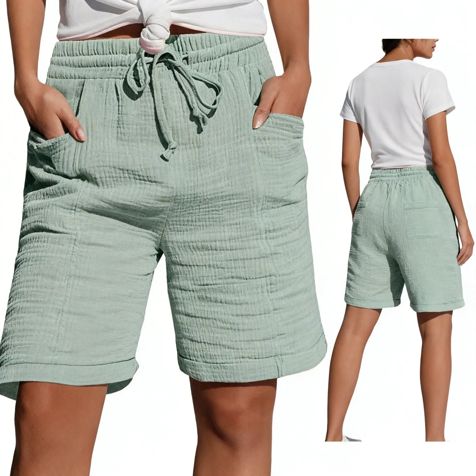 High Waist Drawstring Pocket Cotton Shorts Summer Women Casual Short Pants