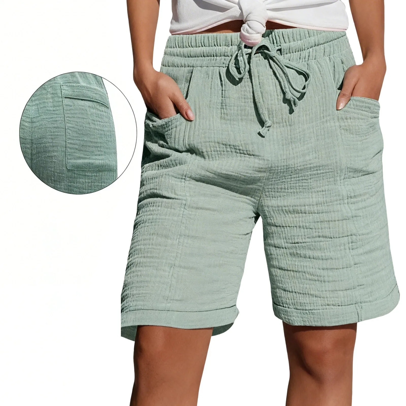 High Waist Drawstring Pocket Cotton Shorts Summer Women Casual Short Pants