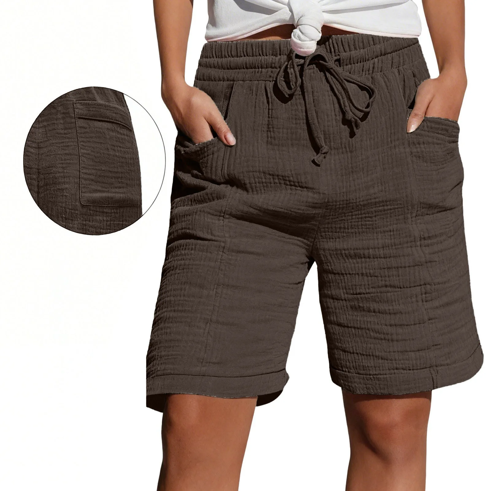 High Waist Drawstring Pocket Cotton Shorts Summer Women Casual Short Pants