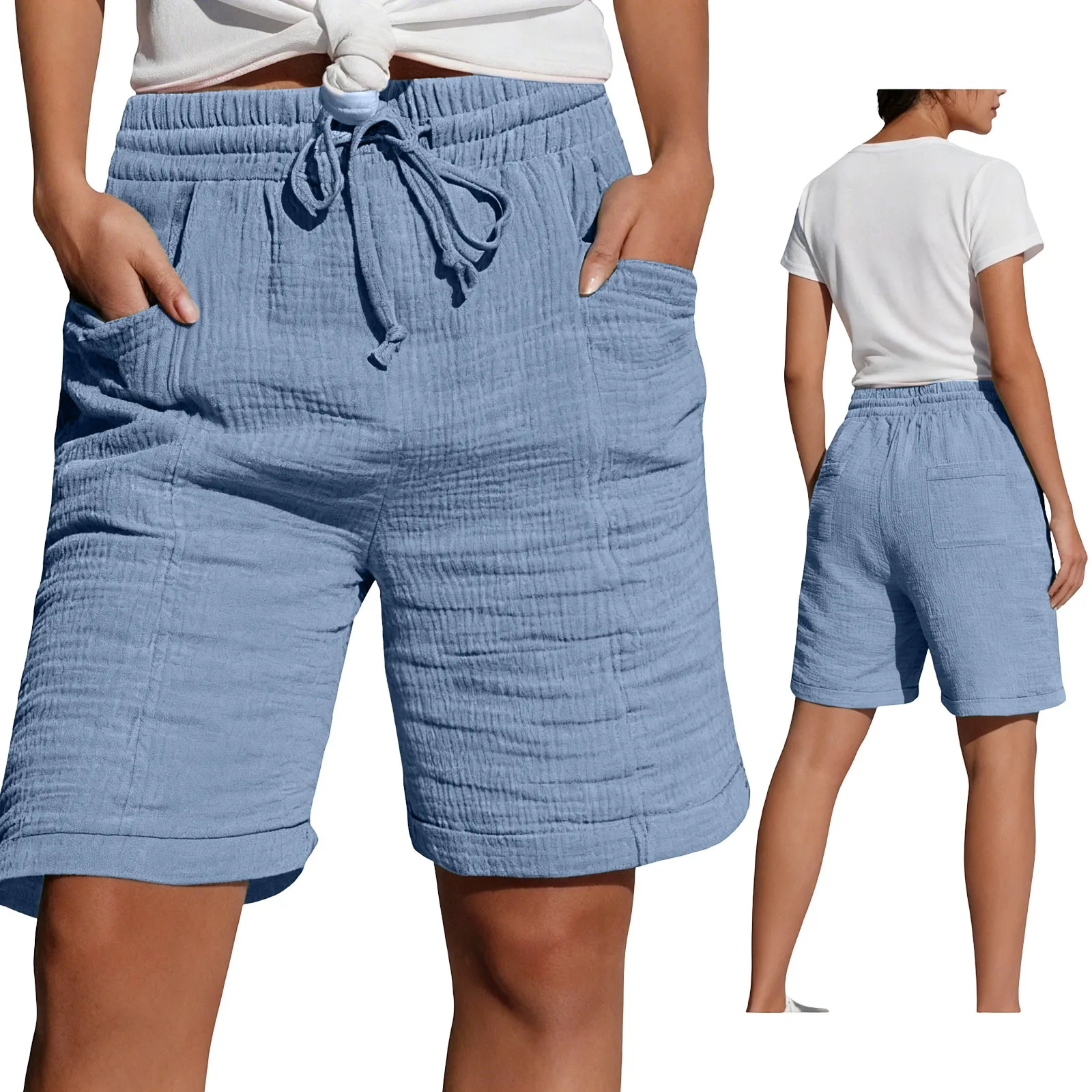 High Waist Drawstring Pocket Cotton Shorts Summer Women Casual Short Pants