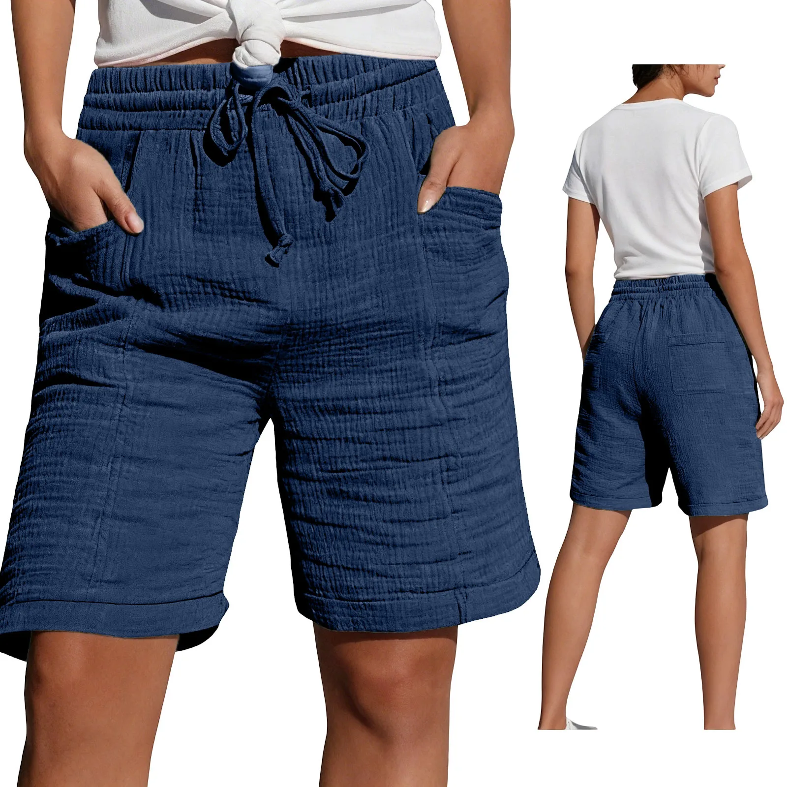 High Waist Drawstring Pocket Cotton Shorts Summer Women Casual Short Pants