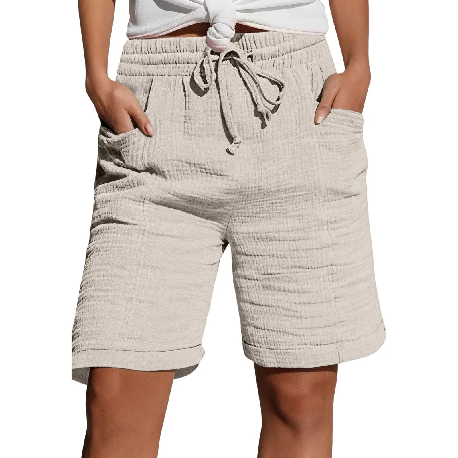 High Waist Drawstring Pocket Cotton Shorts Summer Women Casual Short Pants
