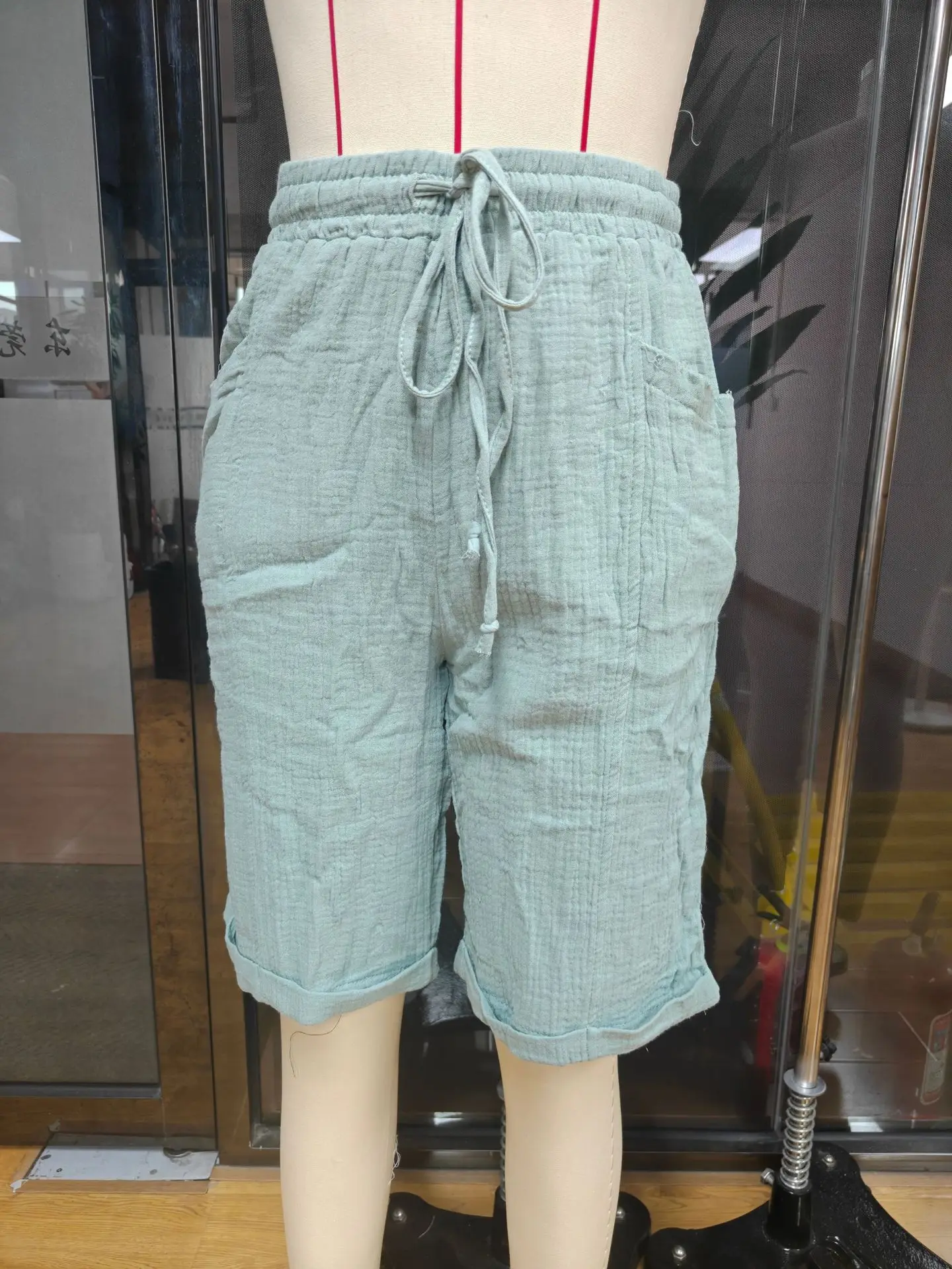 High Waist Drawstring Pocket Cotton Shorts Summer Women Casual Short Pants