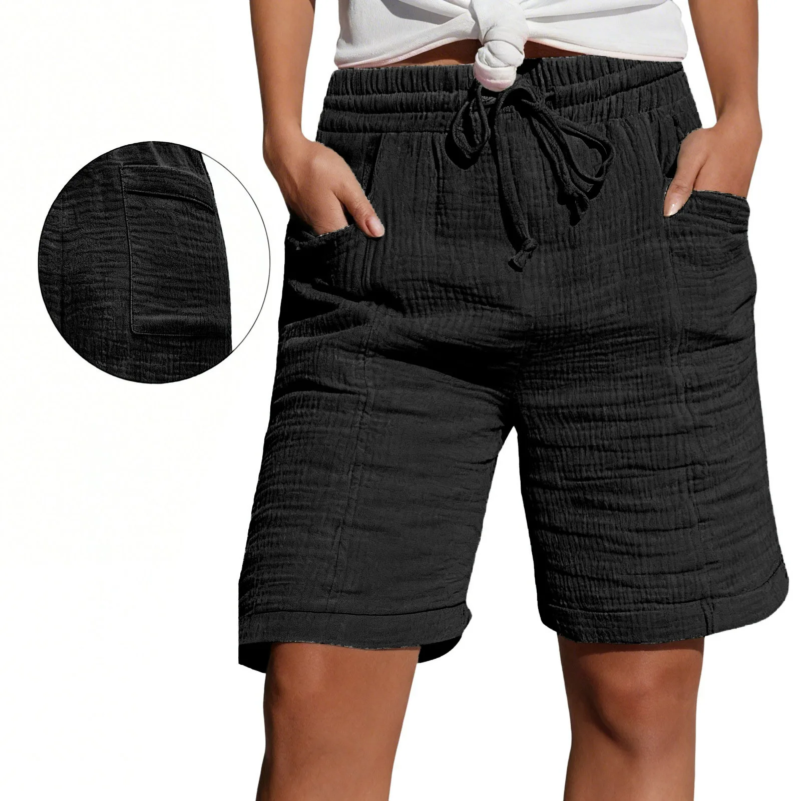 High Waist Drawstring Pocket Cotton Shorts Summer Women Casual Short Pants