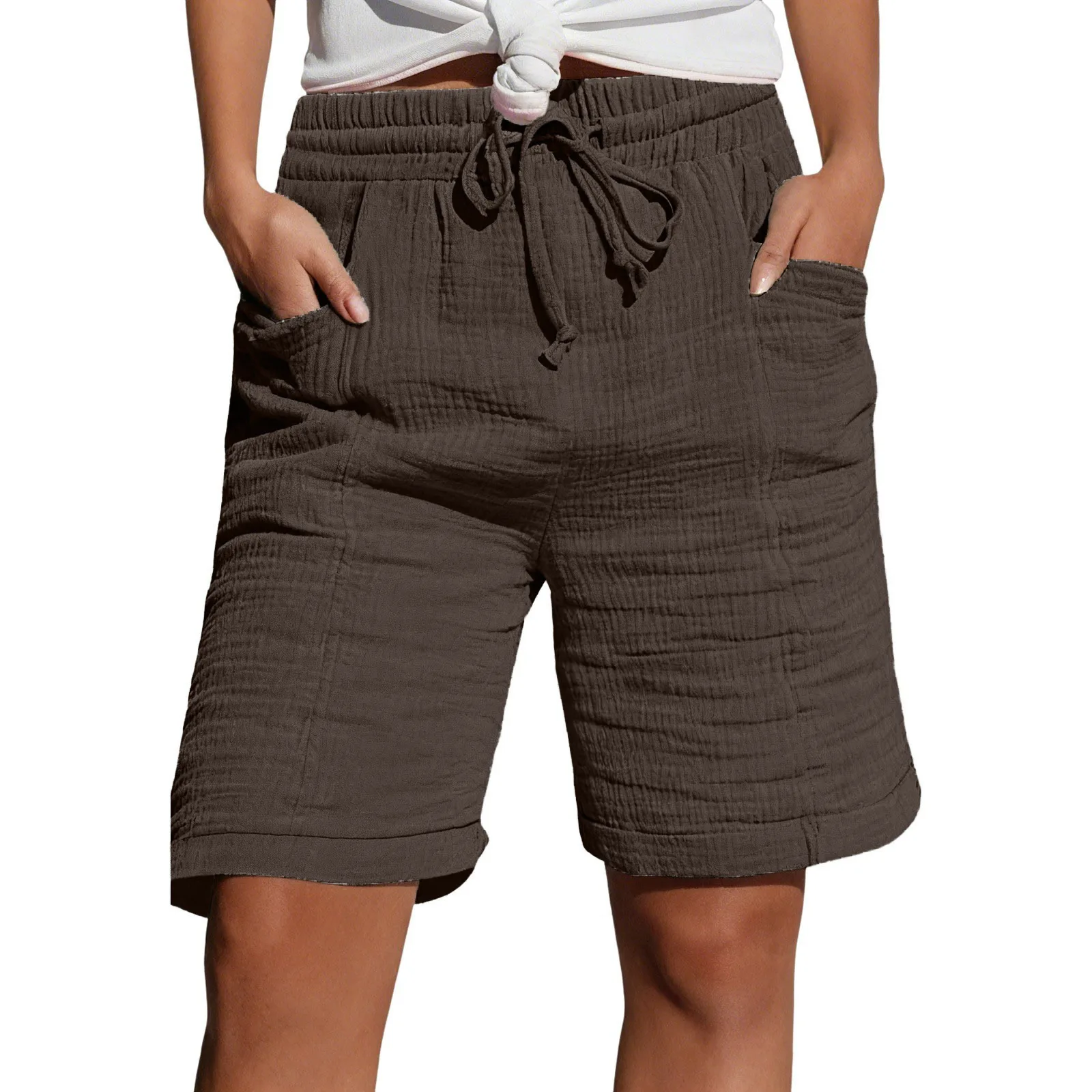 High Waist Drawstring Pocket Cotton Shorts Summer Women Casual Short Pants