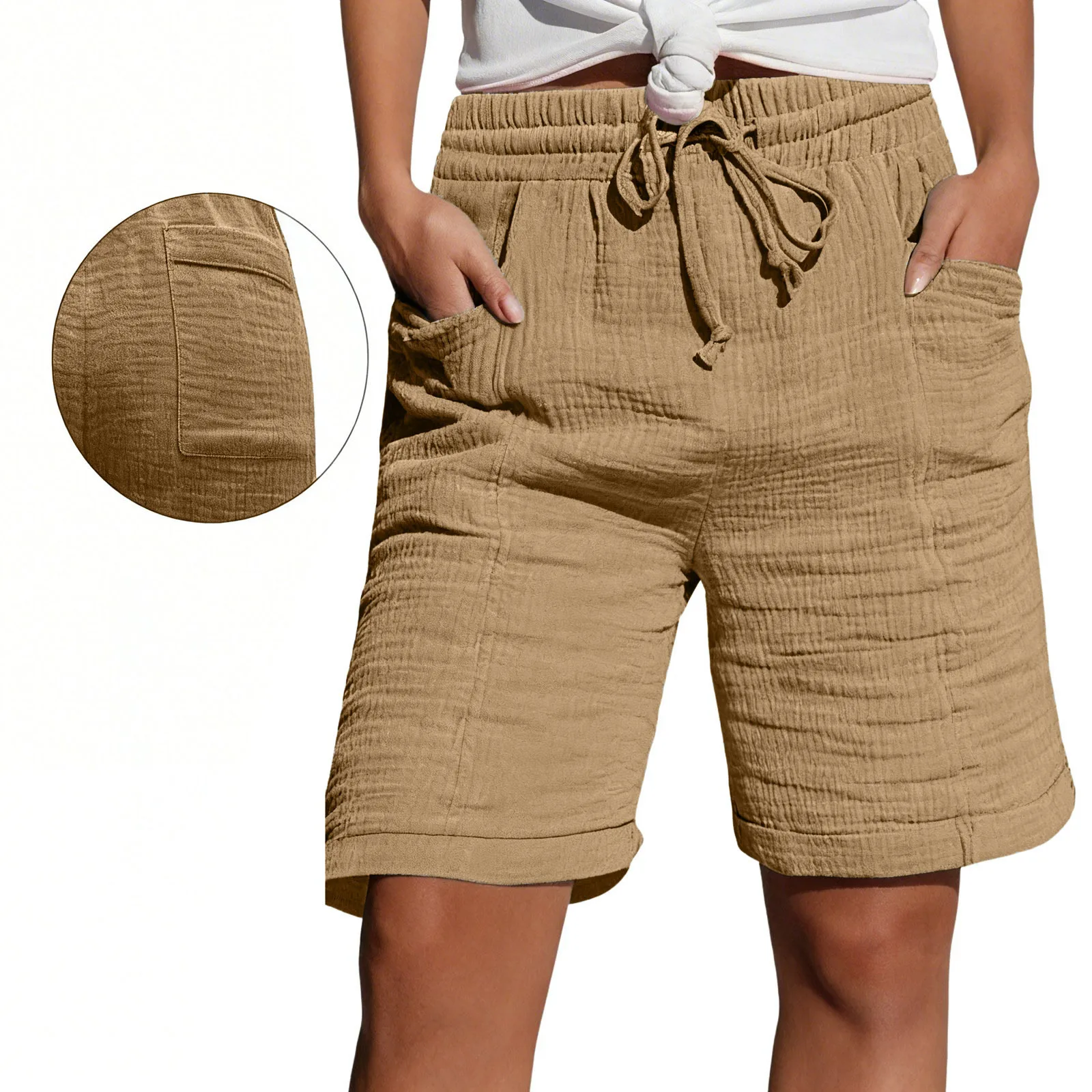 High Waist Drawstring Pocket Cotton Shorts Summer Women Casual Short Pants