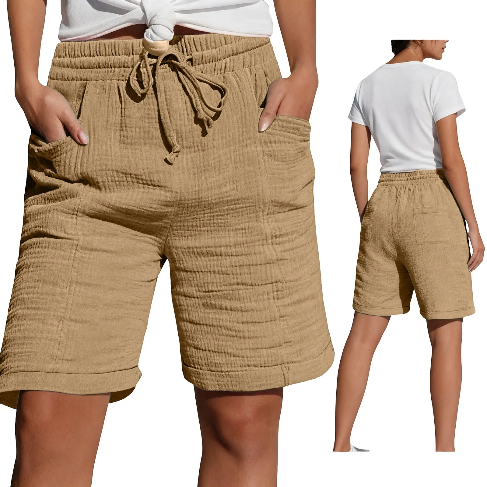 High Waist Drawstring Pocket Cotton Shorts Summer Women Casual Short Pants