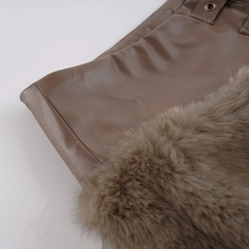 Fur Leather PU Shorts Sexy Pants High Waist Skinny Pants 2025 Women Winter Clothes Club Wear Fashion Cargo Elegant Cute Pants