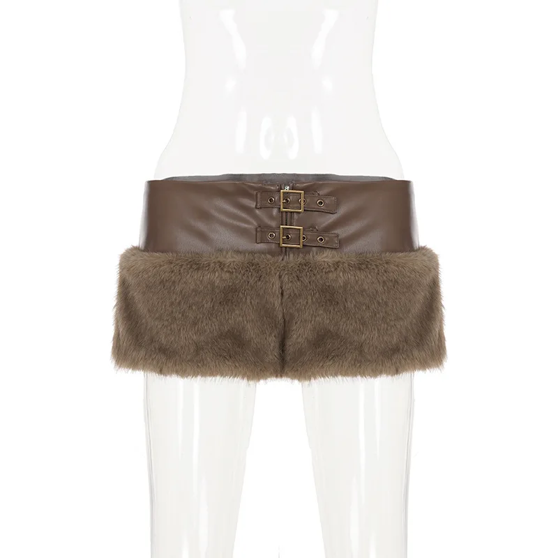 Fur Leather PU Shorts Sexy Pants High Waist Skinny Pants 2025 Women Winter Clothes Club Wear Fashion Cargo Elegant Cute Pants