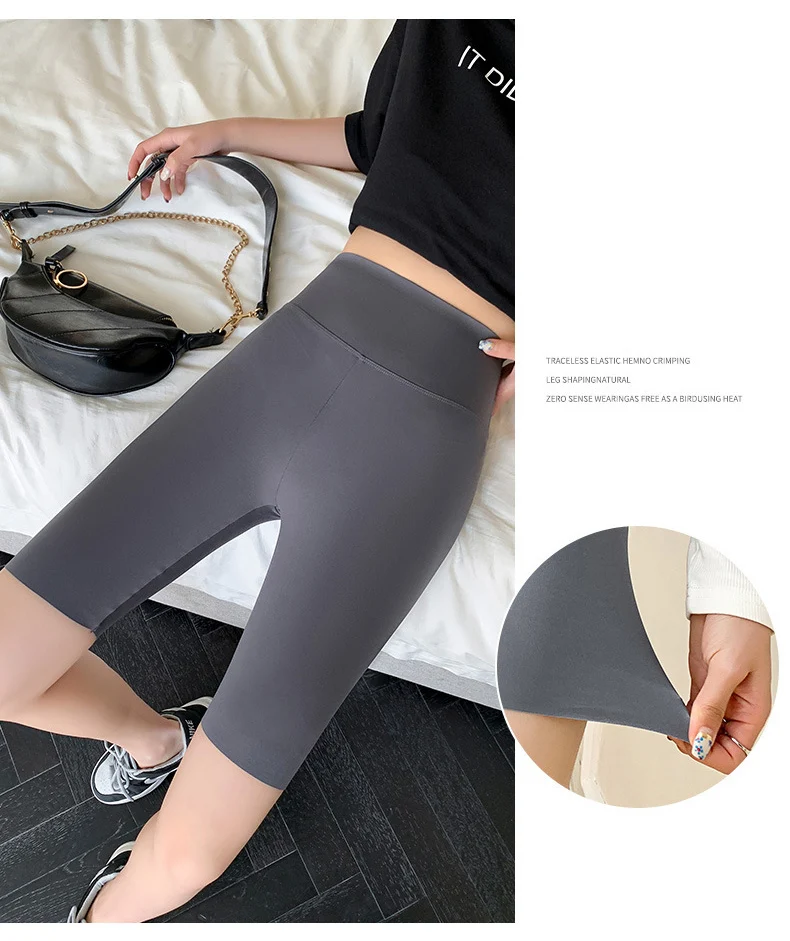 BIVIGAOS Summer Solid Color Sharkskin Cycling Shorts Women Casual Slim Short Leggings Thin High Waist Sport Fitness Biker Shorts