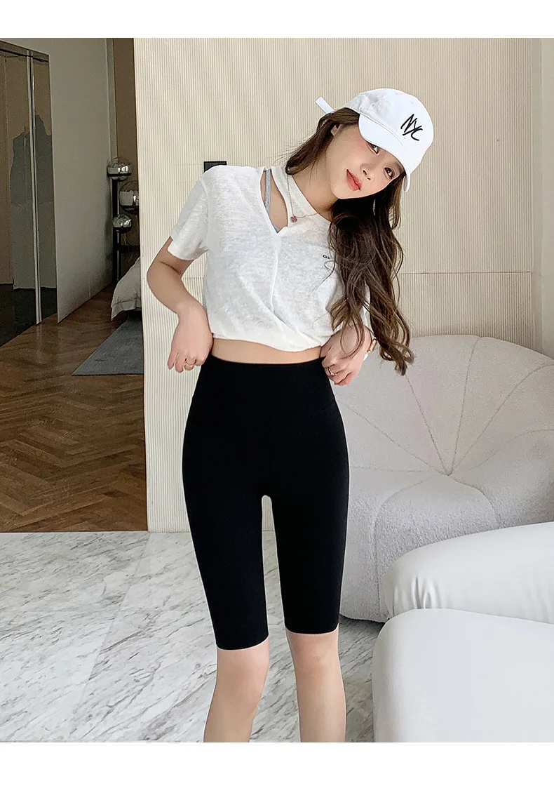 BIVIGAOS Summer Solid Color Sharkskin Cycling Shorts Women Casual Slim Short Leggings Thin High Waist Sport Fitness Biker Shorts