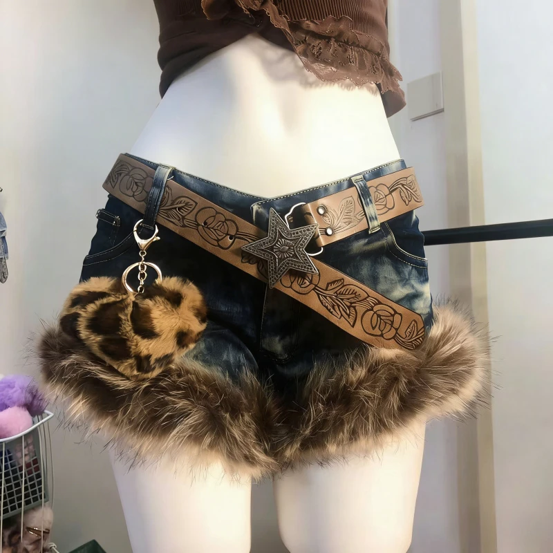 American Vintage Y2k Faux Fur Patchwork Short Denim Low Waist Slimming Washed Retro Hot Girl Shorts Random Denim Summer Spring