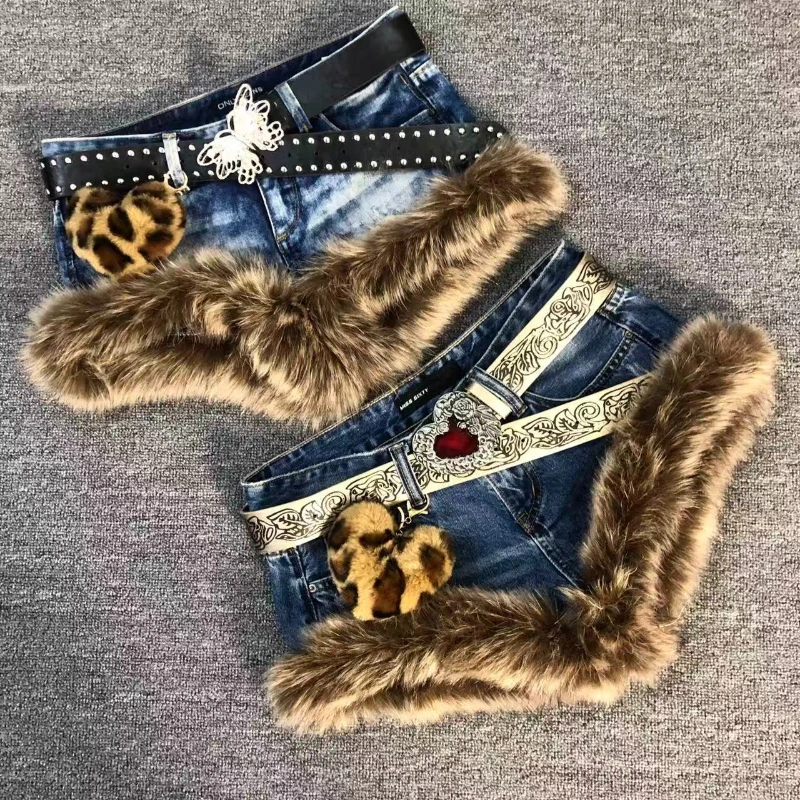 American Vintage Y2k Faux Fur Patchwork Short Denim Low Waist Slimming Washed Retro Hot Girl Shorts Random Denim Summer Spring
