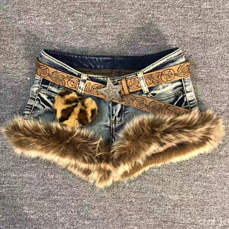 American Vintage Y2k Faux Fur Patchwork Short Denim Low Waist Slimming Washed Retro Hot Girl Shorts Random Denim Summer Spring