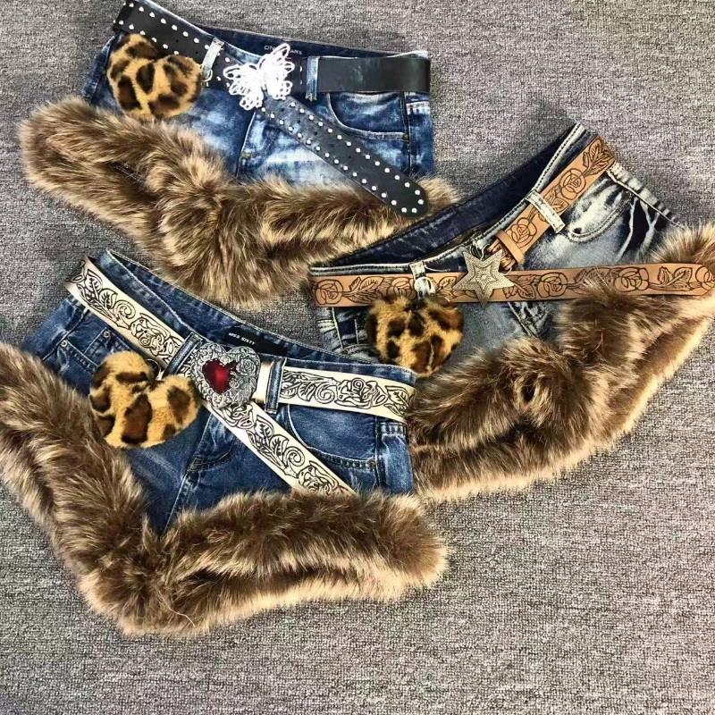 American Vintage Y2k Faux Fur Patchwork Short Denim Low Waist Slimming Washed Retro Hot Girl Shorts Random Denim Summer Spring
