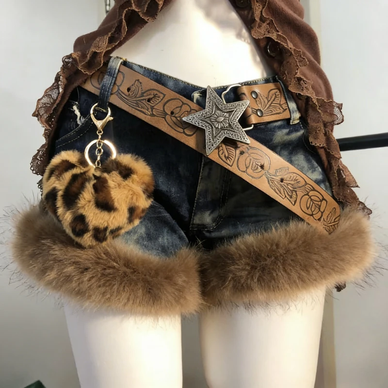 American Vintage Y2k Faux Fur Patchwork Short Denim Low Waist Slimming Washed Retro Hot Girl Shorts Random Denim Summer Spring