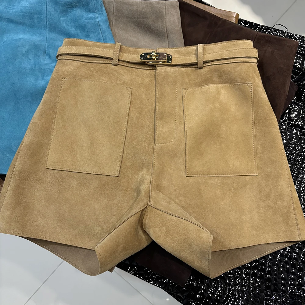 YOLOAgain Suede Shorts Women Real Leather Shorts With Belt 2026 Spring New