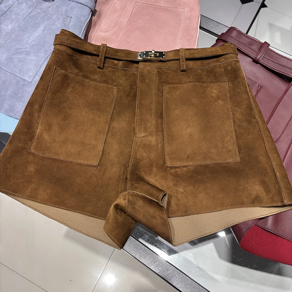 YOLOAgain Suede Shorts Women Real Leather Shorts With Belt 2026 Spring New