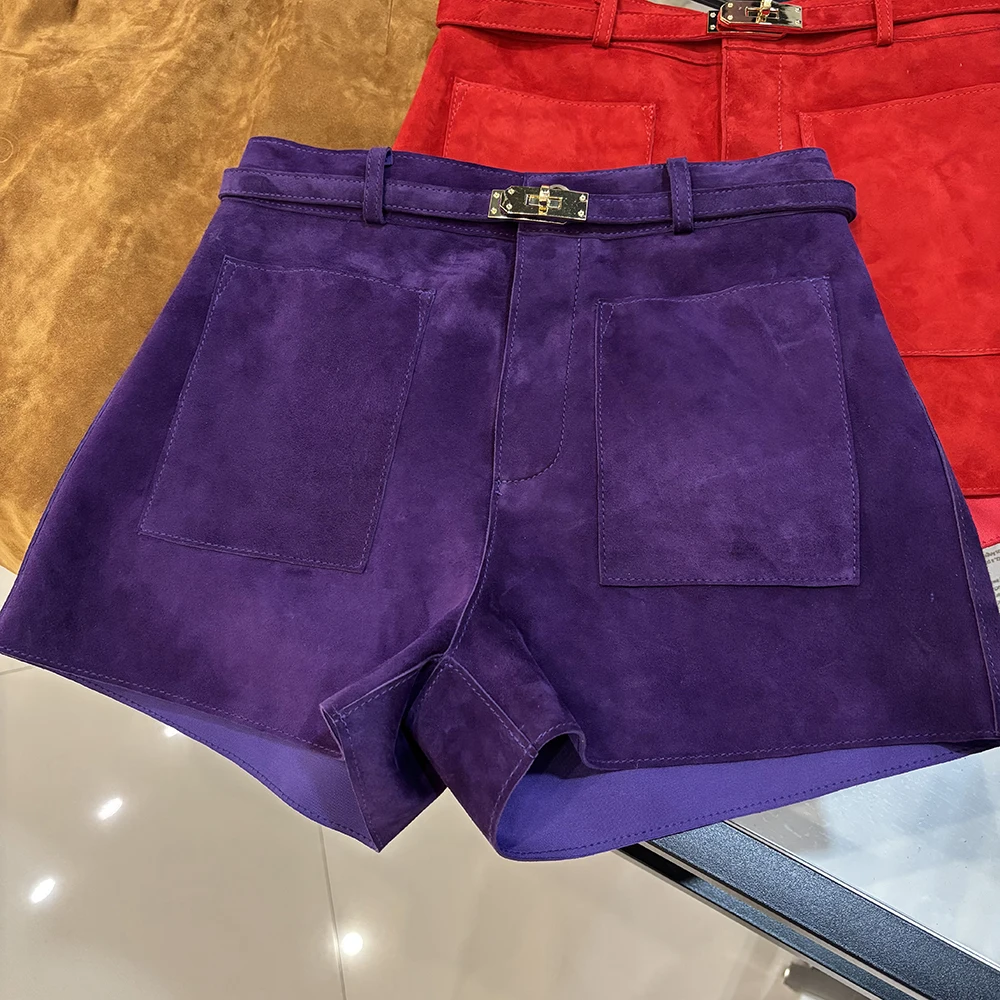 YOLOAgain Suede Shorts Women Real Leather Shorts With Belt 2026 Spring New