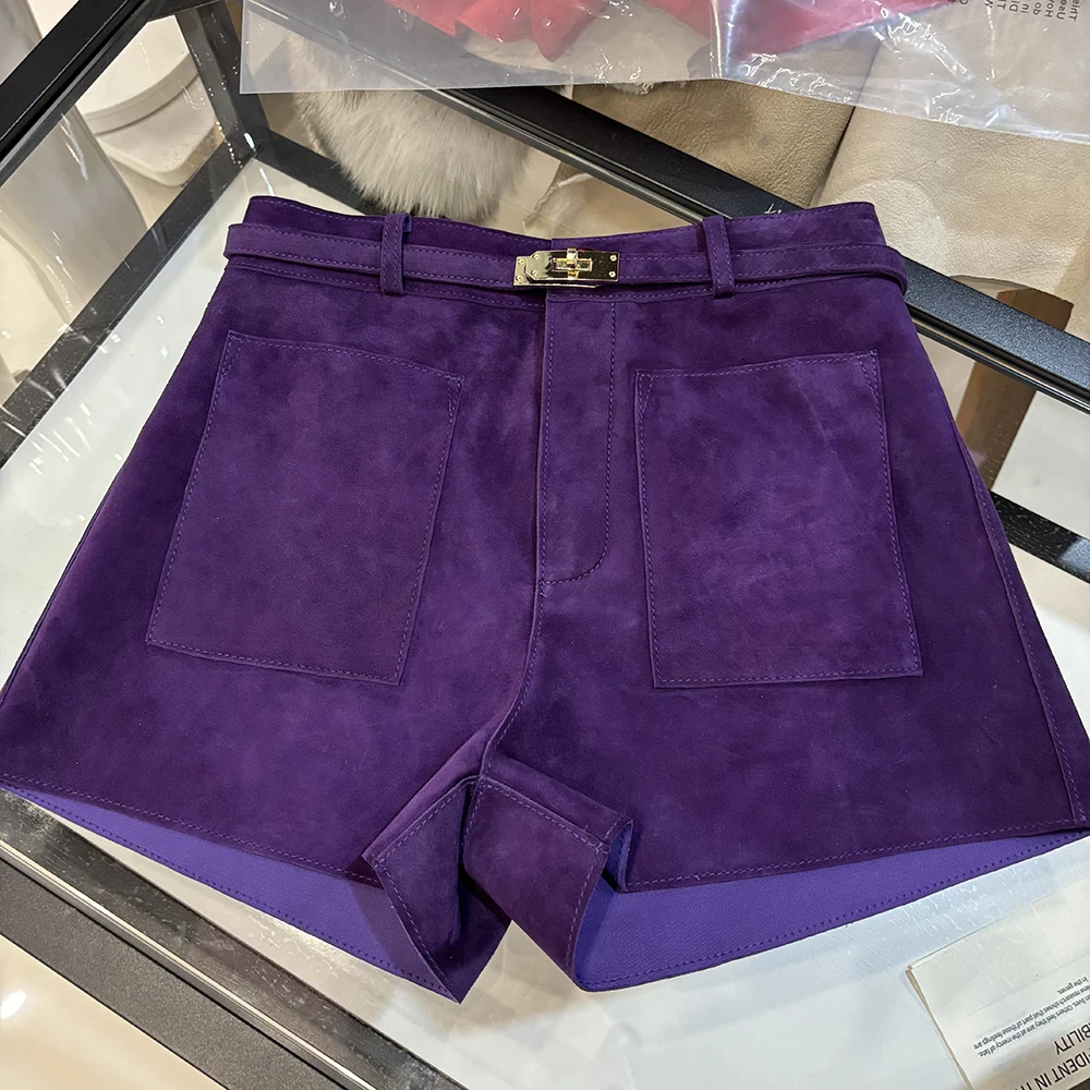 YOLOAgain Suede Shorts Women Real Leather Shorts With Belt 2026 Spring New