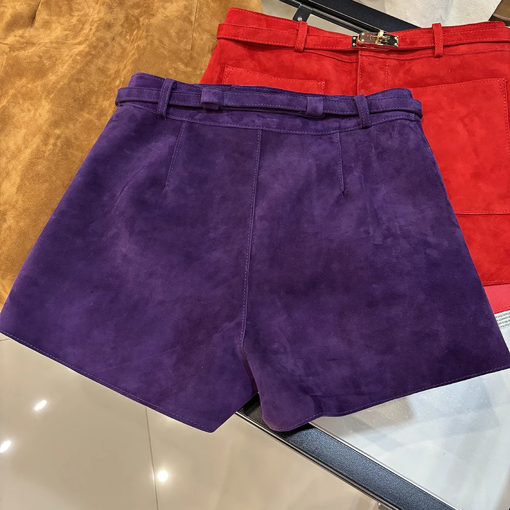 YOLOAgain Suede Shorts Women Real Leather Shorts With Belt 2026 Spring New