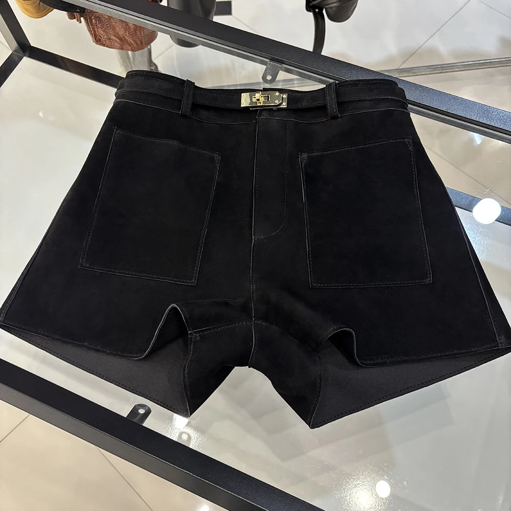 YOLOAgain Suede Shorts Women Real Leather Shorts With Belt 2026 Spring New