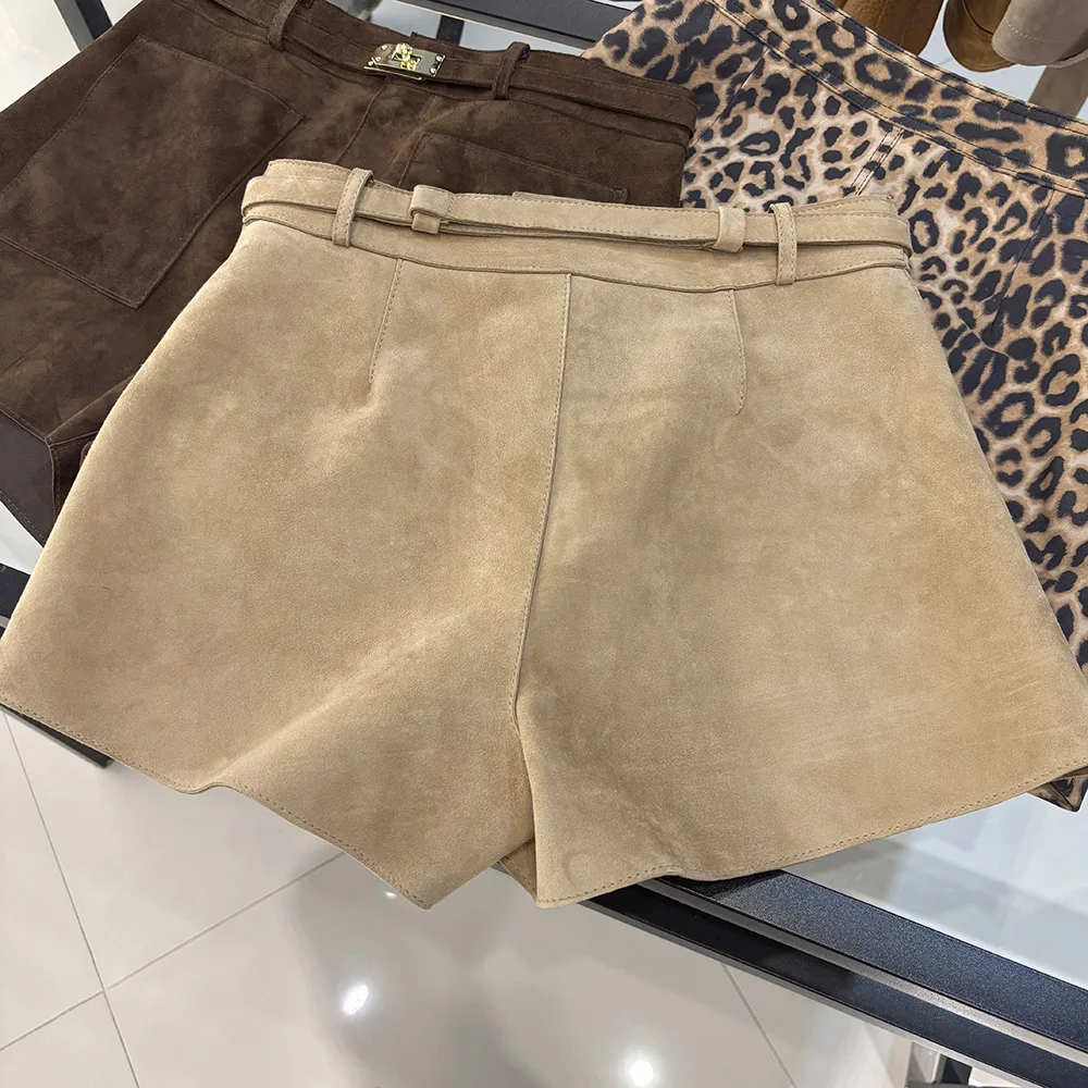 YOLOAgain Suede Shorts Women Real Leather Shorts With Belt 2026 Spring New