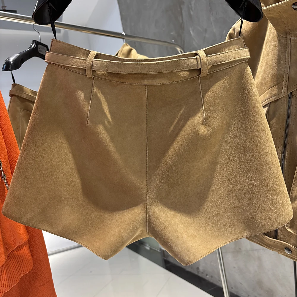 YOLOAgain Suede Shorts Women Real Leather Shorts With Belt 2026 Spring New