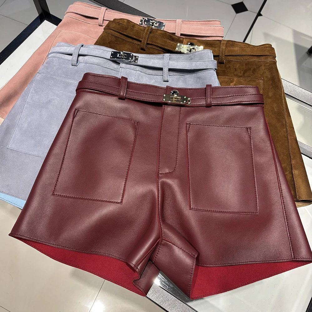 YOLOAgain Suede Shorts Women Real Leather Shorts With Belt 2026 Spring New