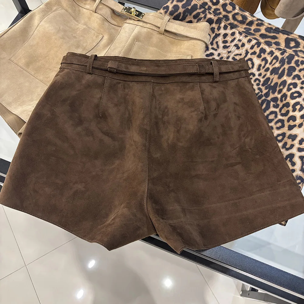 YOLOAgain Suede Shorts Women Real Leather Shorts With Belt 2026 Spring New