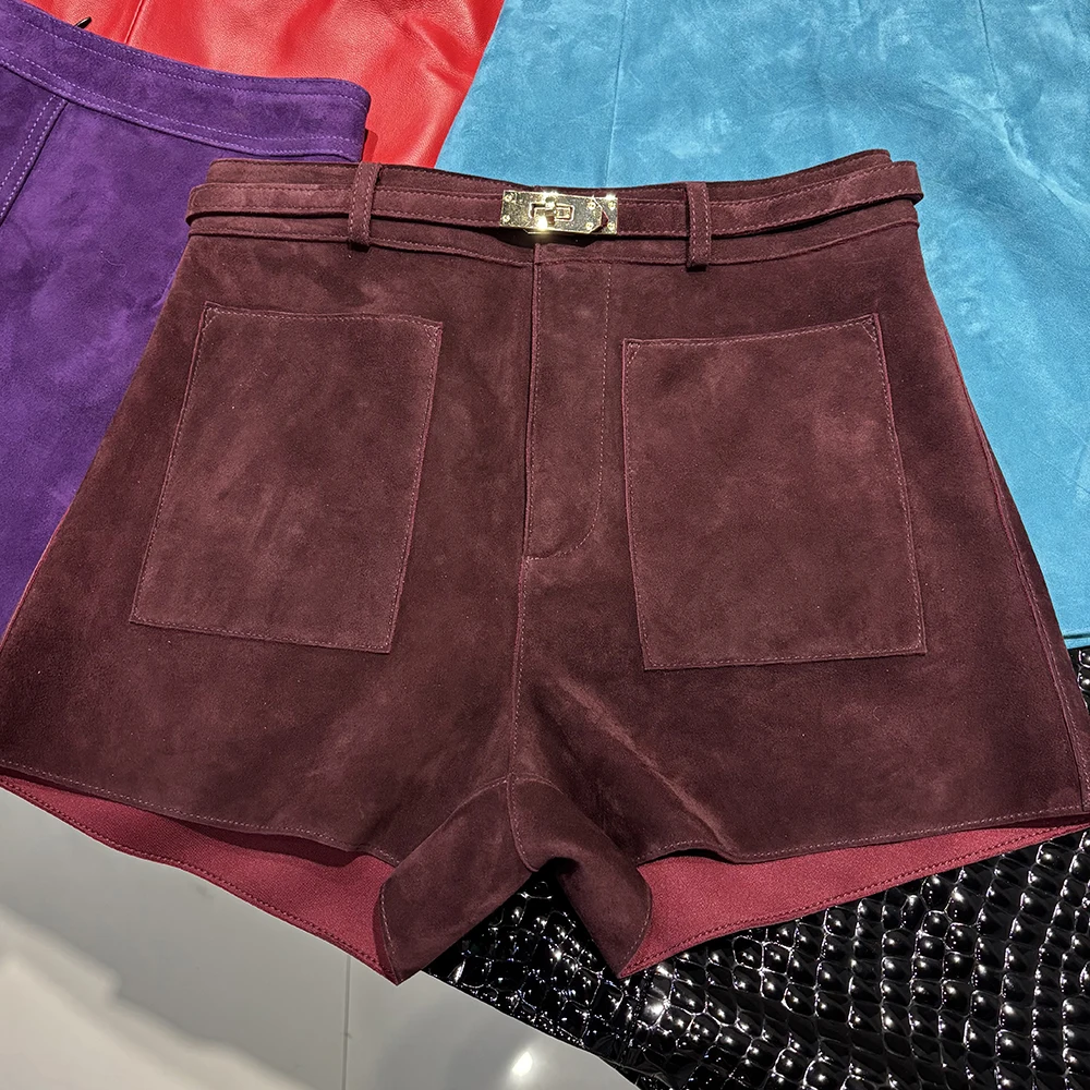 YOLOAgain Suede Shorts Women Real Leather Shorts With Belt 2026 Spring New