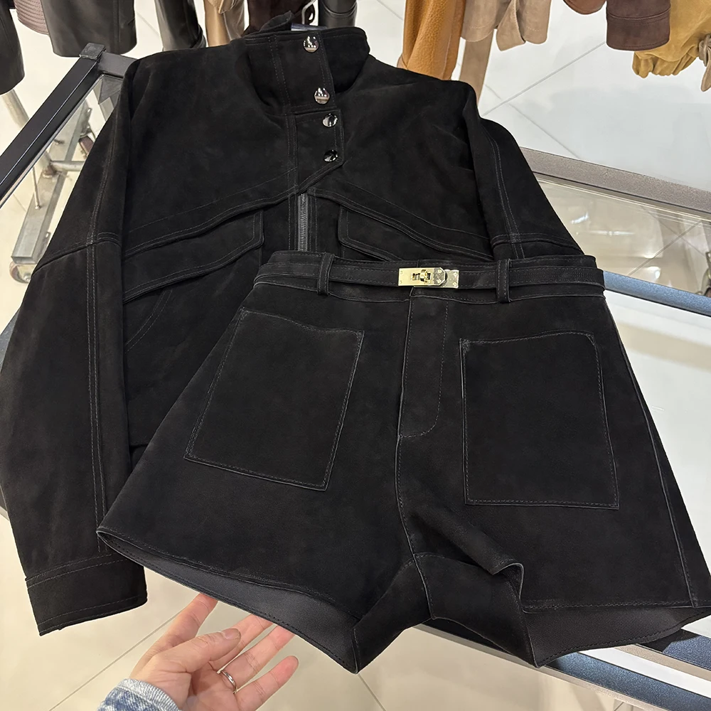 YOLOAgain Suede Shorts Women Real Leather Shorts With Belt 2026 Spring New