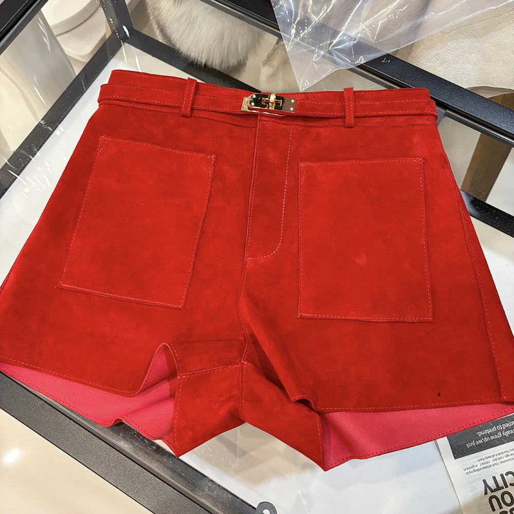 YOLOAgain Suede Shorts Women Real Leather Shorts With Belt 2026 Spring New
