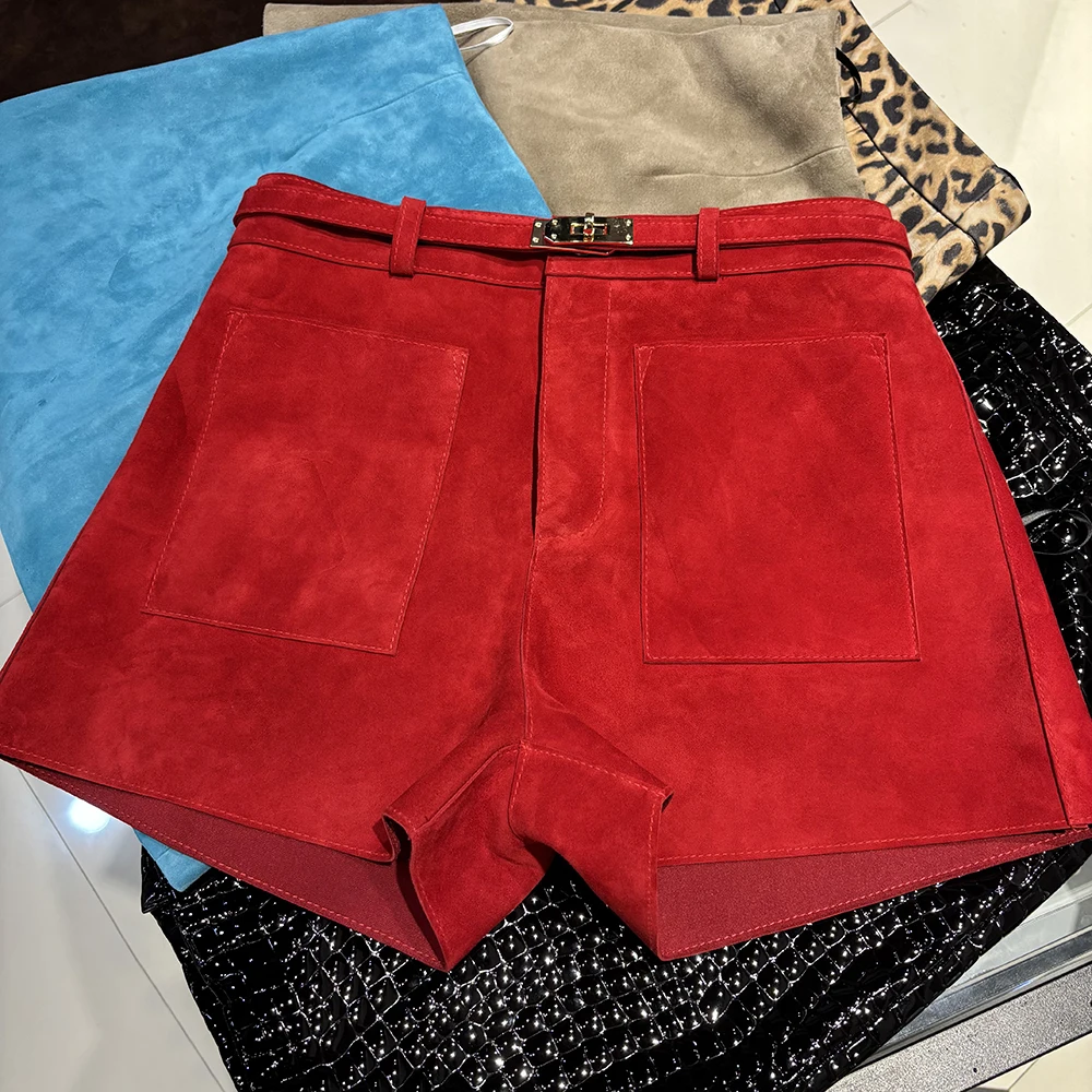 YOLOAgain Suede Shorts Women Real Leather Shorts With Belt 2026 Spring New