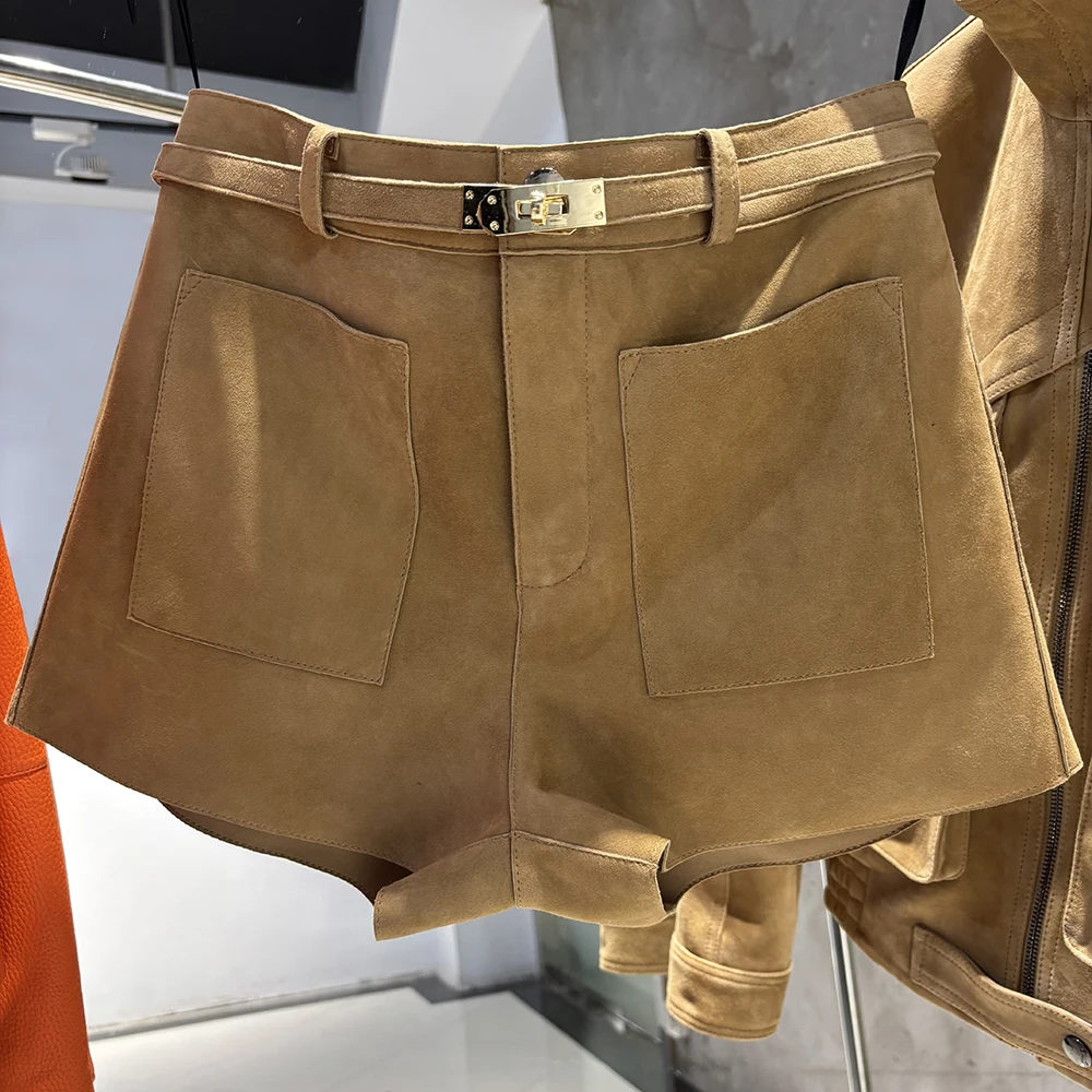 YOLOAgain Suede Shorts Women Real Leather Shorts With Belt 2026 Spring New