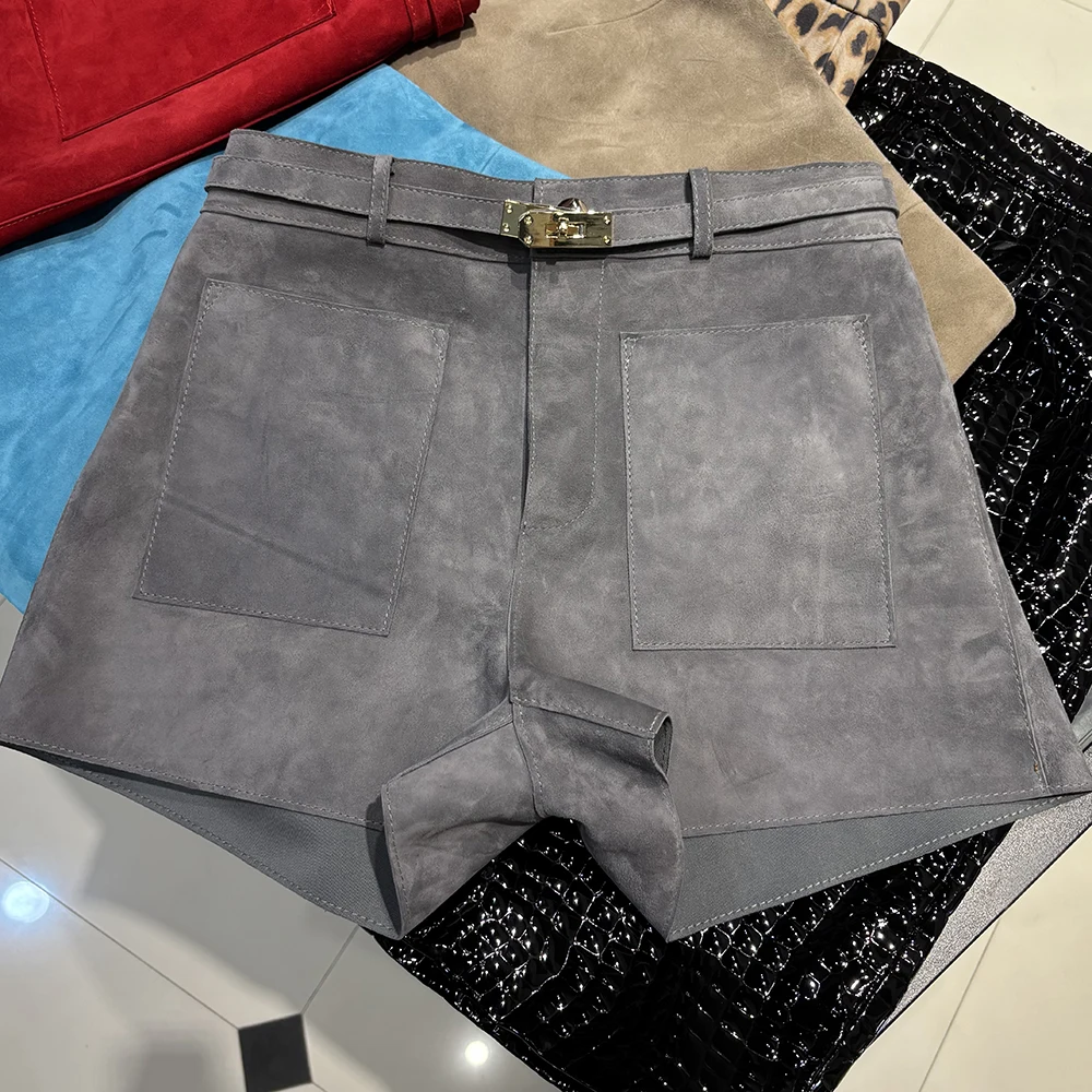 YOLOAgain Suede Shorts Women Real Leather Shorts With Belt 2026 Spring New