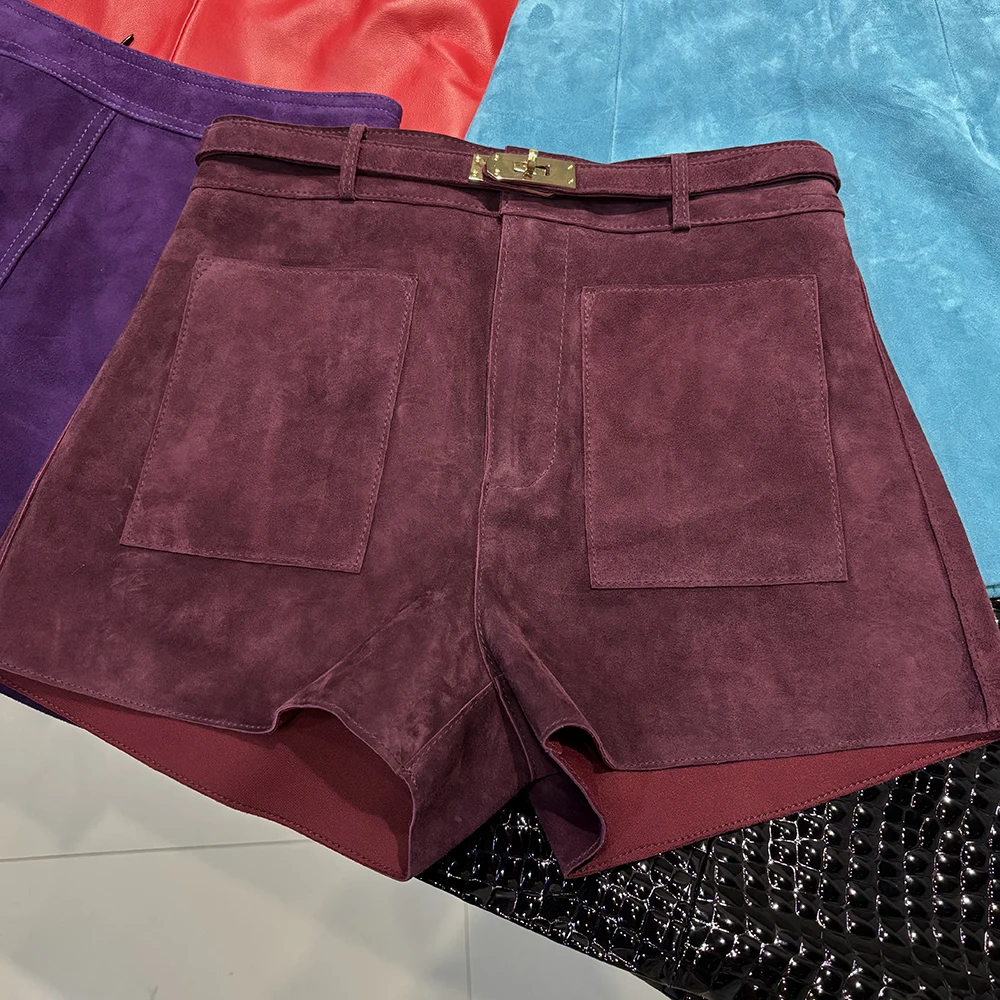 YOLOAgain Suede Shorts Women Real Leather Shorts With Belt 2026 Spring New