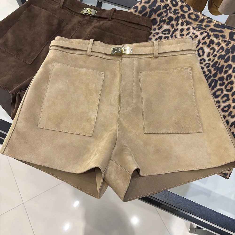 YOLOAgain Suede Shorts Women Real Leather Shorts With Belt 2026 Spring New