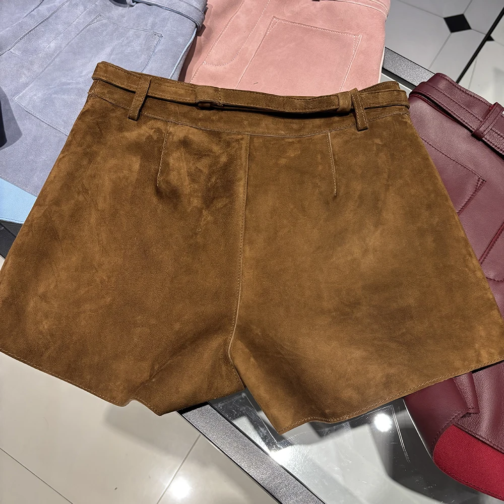 YOLOAgain Suede Shorts Women Real Leather Shorts With Belt 2026 Spring New