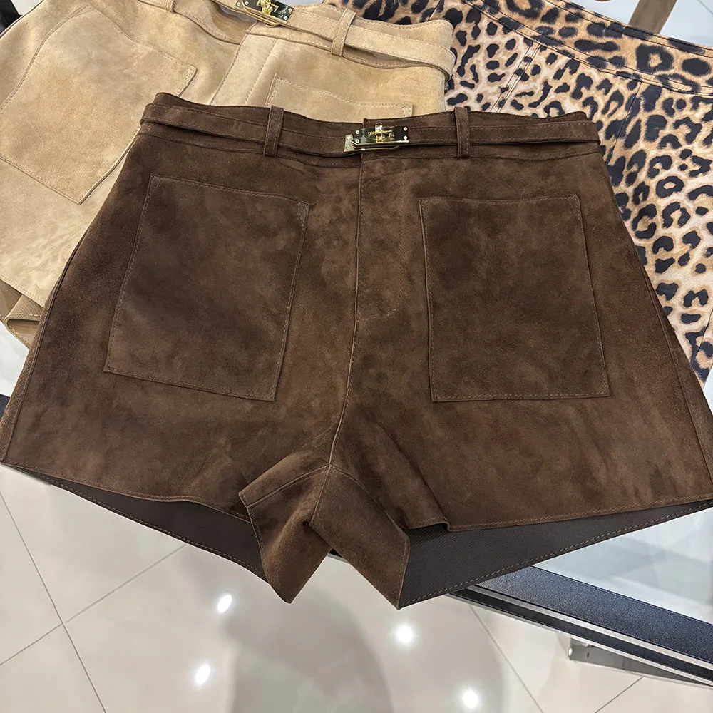 YOLOAgain Suede Shorts Women Real Leather Shorts With Belt 2026 Spring New