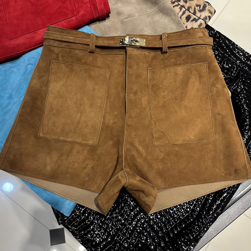 YOLOAgain Suede Shorts Women Real Leather Shorts With Belt 2026 Spring New