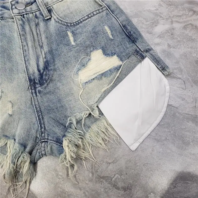 2026 Summer New Tassel Ripped Denim Shorts Women High Waist A-shaped Y2K Shorts Pink Blue