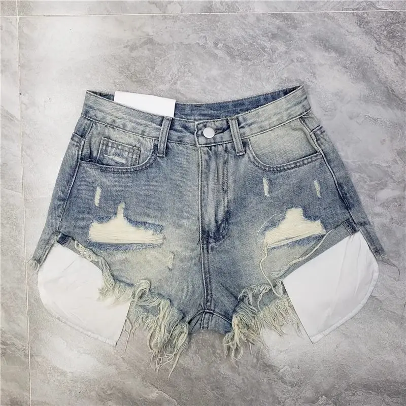 2026 Summer New Tassel Ripped Denim Shorts Women High Waist A-shaped Y2K Shorts Pink Blue