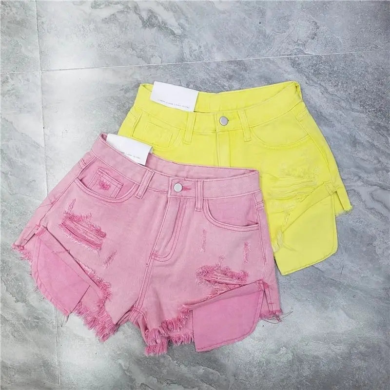 2026 Summer New Tassel Ripped Denim Shorts Women High Waist A-shaped Y2K Shorts Pink Blue